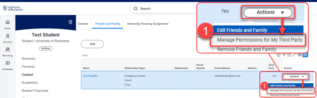 1-Actions dropdown magnified with Manage Permissions for My Third Party option.
