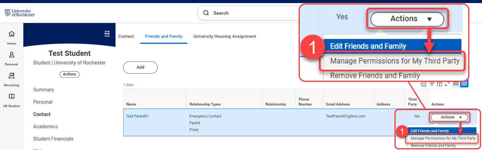 1-Actions dropdown magnified with Manage Permissions for My Third Party option.