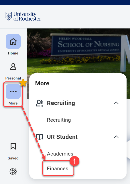 Select the "More" icon to find "Finances" under "UR Student."