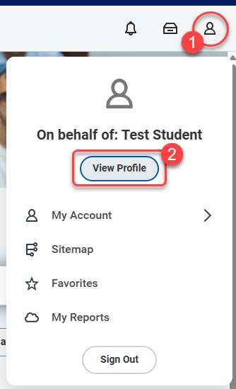 1-Select your profile icon, and 2-Select "View Profile"