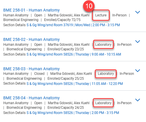 To find labs, workshops, or discussion sections, look in the course section overview.