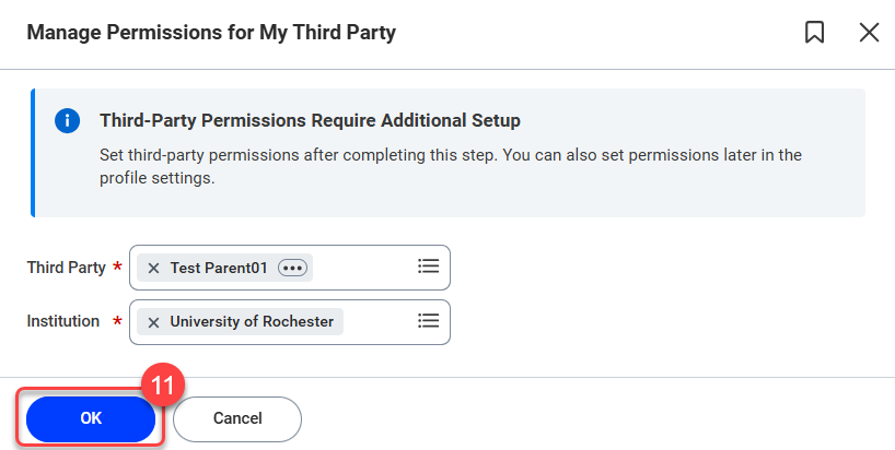11-The "Manage Permissions for My Third Party" task screen listing your Third Party's name and your university.