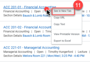 To expand course details, right select on mouse and use "See in New Tab" where additional options are available.