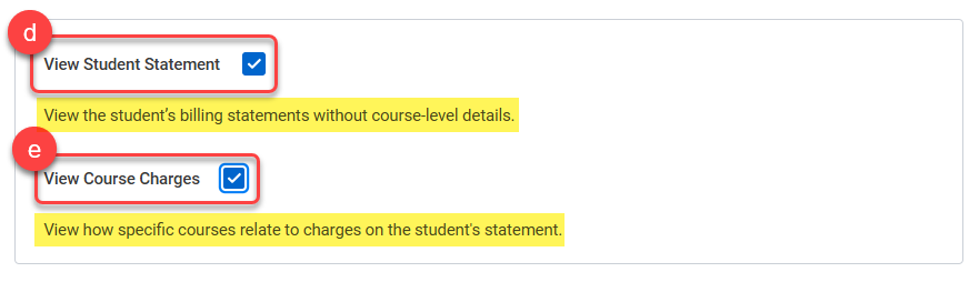 12d-View Student Statement and 12e-View Course Charges permissions descriptions.