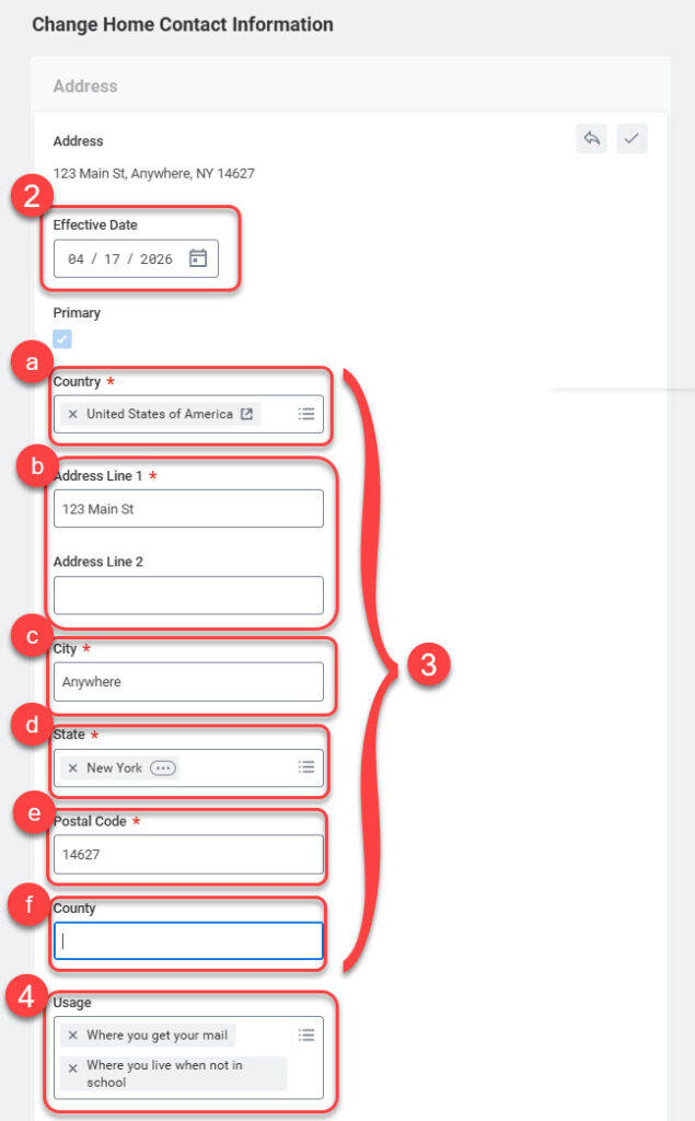 2. Effective date automatically populates. Keep as is. 3a-f. Address fields. 4. Usage field.