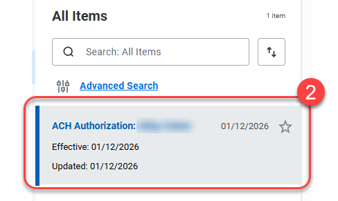 Click the item with the title ACH Authorization and your name to open the item in the right-hand side of the screen