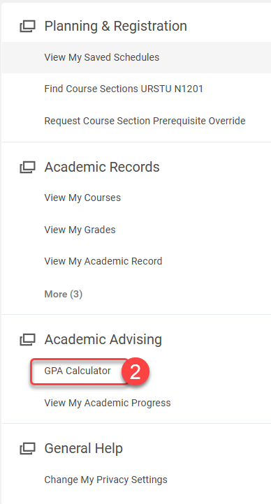 Select GPA Calculator under the Academic Advising heading on right side of screen.