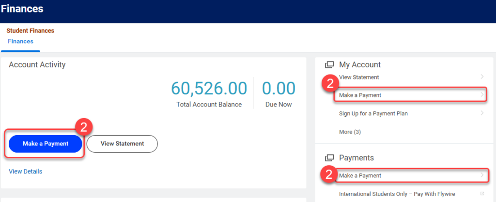 You can select "Make a Payment" from multiple locations - Under "Account Activity," "My Account," or "Payments."