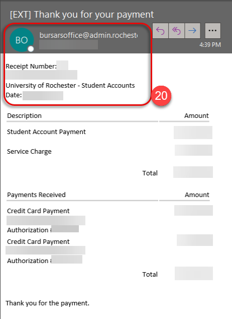 Sample payment receipt email from Bursar.