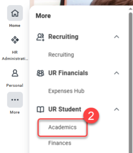 Left navigation menu in UR Student showing the UR Student section expanded with the Academics app selected.