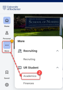 Select the More icon to find "Academics" under "UR Student".