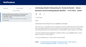 Notifications panel opened from the bell icon showing messages including the Student Onboarding email.