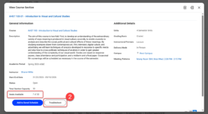On the courses View Course Section report, if there are seats available and you cannot register, select Troubleshoot.