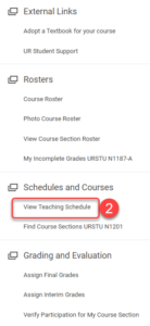 Select View Teaching Schedule under Schedules and Courses in the right menu.