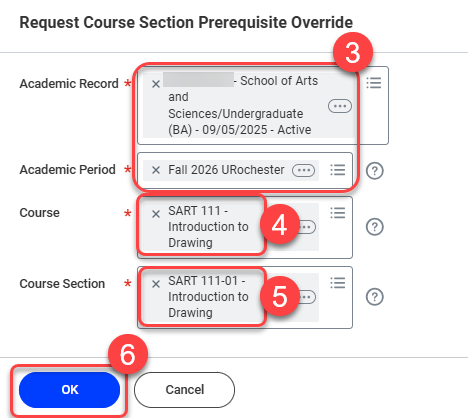 Enter the Academic Record, Academic Period, Course, and Course Section.