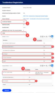 The troubleshoot registration page displays various pieces of information to show registration restrictions and possible roadblocks to resolve.