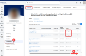 Select Academics, then the Overview tab will display In Progress Programs of Study. Use bottom slider to see more columns.