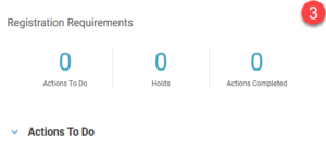 Academics dashboard showing the Registration Requirements section with number of Actions to Do, Holds, and Actions Completed.