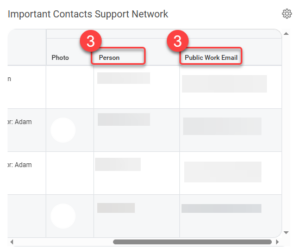 Scroll to the right on the Important Contacts Support Network table to view the associated email for each person.