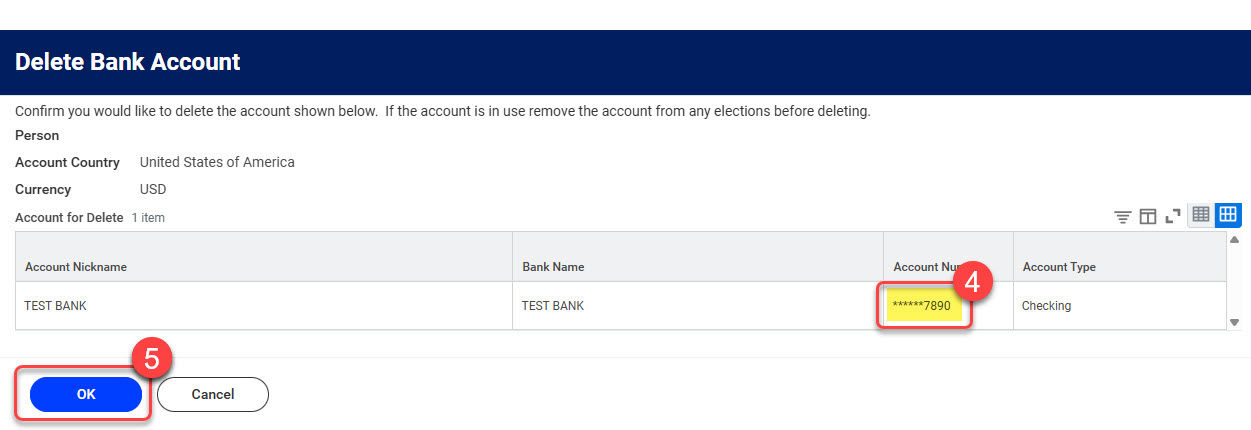 Confirm you are deleting the correct bank account before you click OK