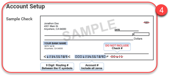 Account Setup example shows a sample of the information required for the account information.