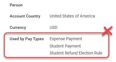 If the Used by Pay Types field is present with any pay type, you must first change the bank account on that pay type before you can delete the account you are viewing now