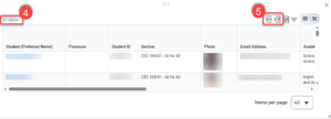 Course roster view. Student information and number of registered students is displayed. Select the PDF or Excel icon to export.