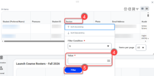 Select the section column header and from the drop down, enter the course sections to filter on. Select Filter.