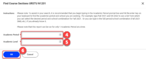 Type and enter a value in the Academic Period and Academic Level fields, then click OK.