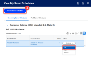 Create Saved Schedule button on the courses page.