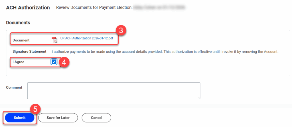 Click the document link to view the UR ACH Authorization document details, then click the checkbox for I Agree and click Submit