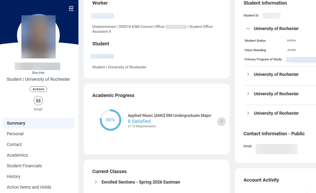 Example of the Student profile page is displayed. Notice the updated left-hand navigation options.