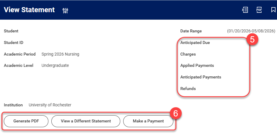5-View of statement details. 6-Buttons to Generate a PDF, View a Different Statement, or Make a Payment.