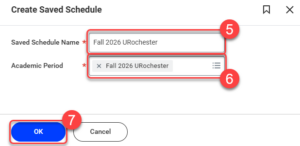 Prompt window showing fields for schedule name and academic period.