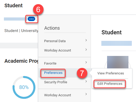 6. Roll over student name, select ellipse, or Related Actions button. 7. Hover your cursor over Preferences and select Edit Preferences.