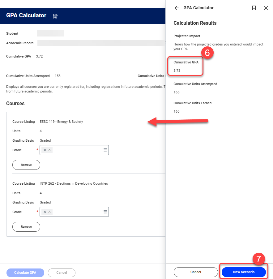 6. The results overlay will display the potential cumulative GPA. 7. Select New Scenario to rerun the report with new grade values.