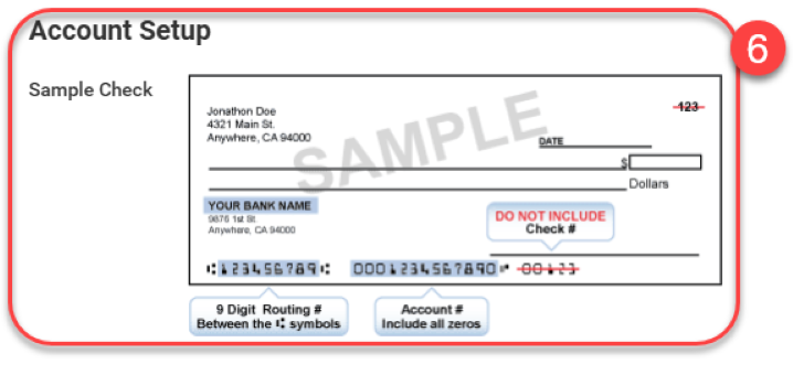 Account Setup example shows a sample of the information required for the account information