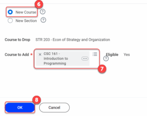 Click the New Course button and then select the course you want to swap to. Afterwards, click OK to continue.