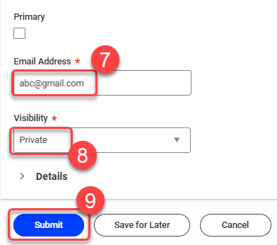 Enter email address, select Public or Private from Visibility dropdown, then select Submit.