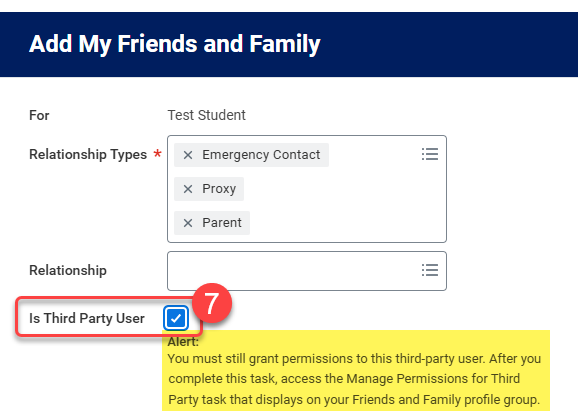 7-View of "Is Third Party User?" checkbox marked and the accompanying alert to Manage Permissions for Third Party is displayed.
