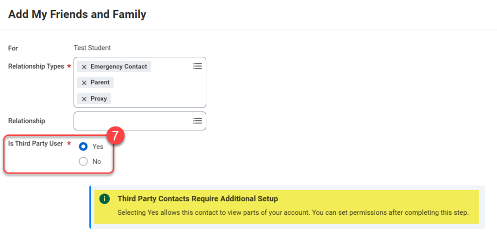 7-View of "Is Third Party User" field with "Yes" selected and an accompanying alert stating additional setup is required.