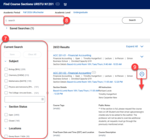 Use the faceted search, or type the course name or abbreviation in the search bar. Carrot icon expands more details.