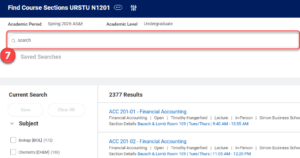 Search bar at the top, enter the course section to be registered