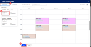 Saved schedule interface showing the Saved Courses panel with courses added and schedule grid, includes the Grading Basis option and Save button.