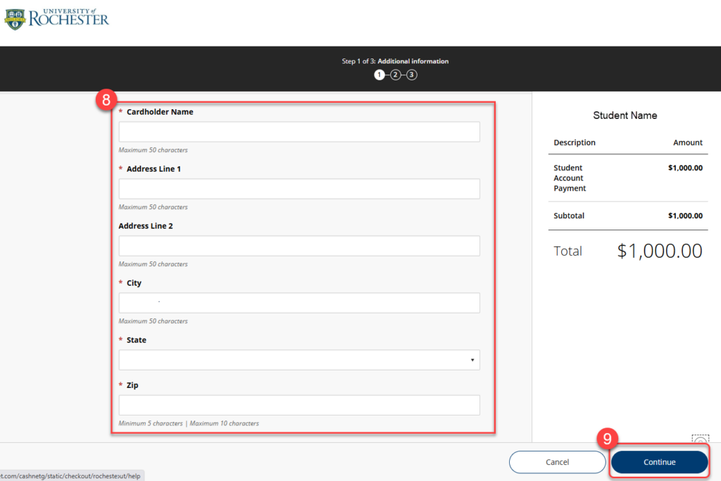  Enter the cardholder information in the required fields marked with an asterisk. 9. Select "OK."