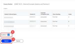Review grades, check Confirm, then select Submit to send grades.