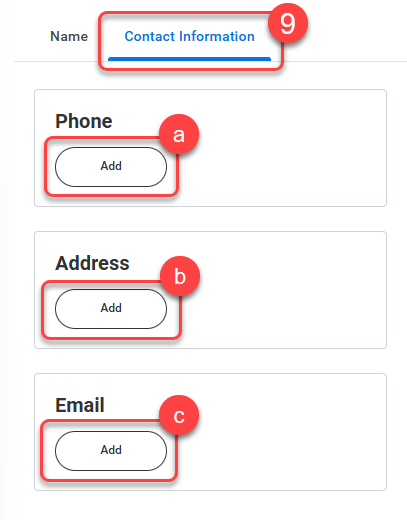9-Contact Information area for a. Phone, b. Address, and c. Email of your Third Party.