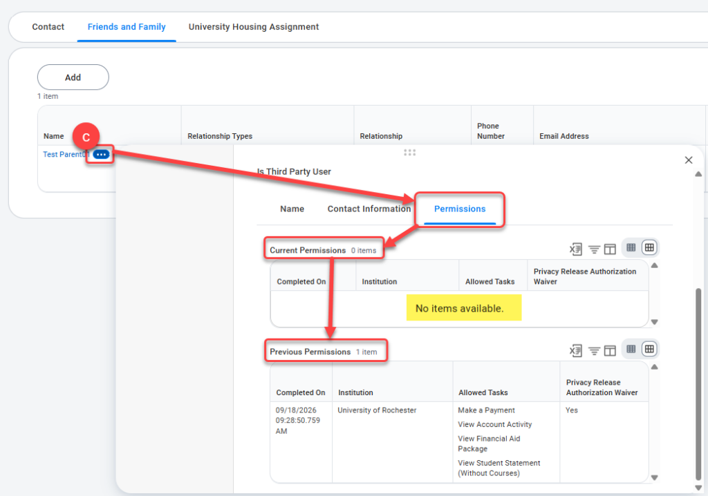 c-From the related actions of the Third Party, confirm the "Current Permission" table is empty.