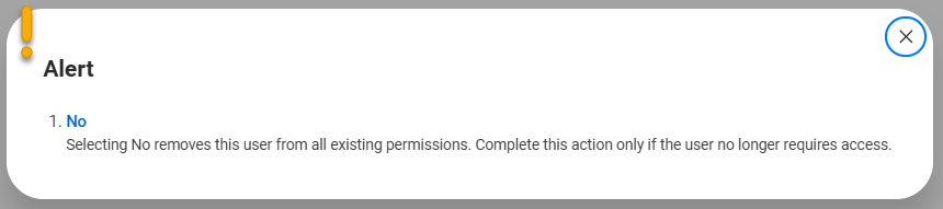 Alert screen that pops up when changing the Is Third Party User field from "Yes" to "No."