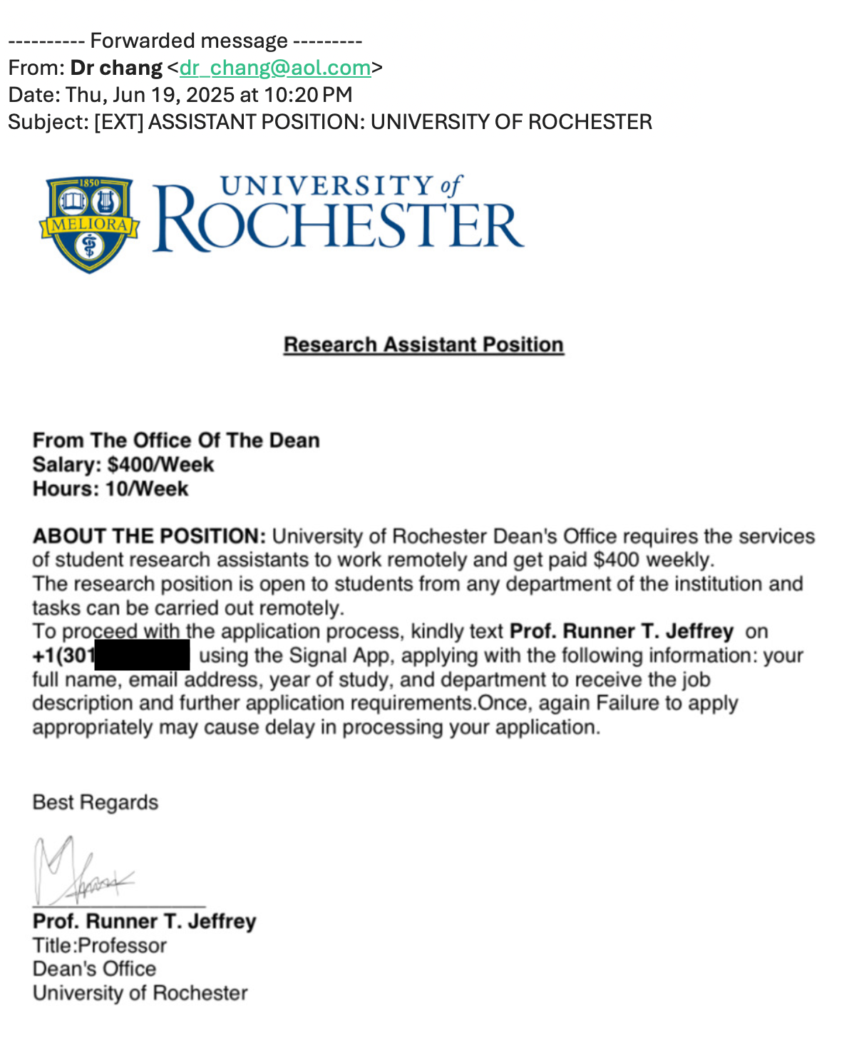 Student Job Scam example